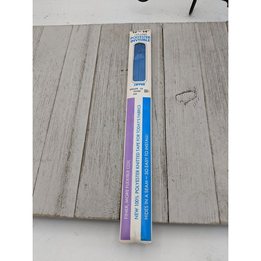 Vintage J&P Coats Polyester Invisible Zipper 12-14" Treasure Blue 168